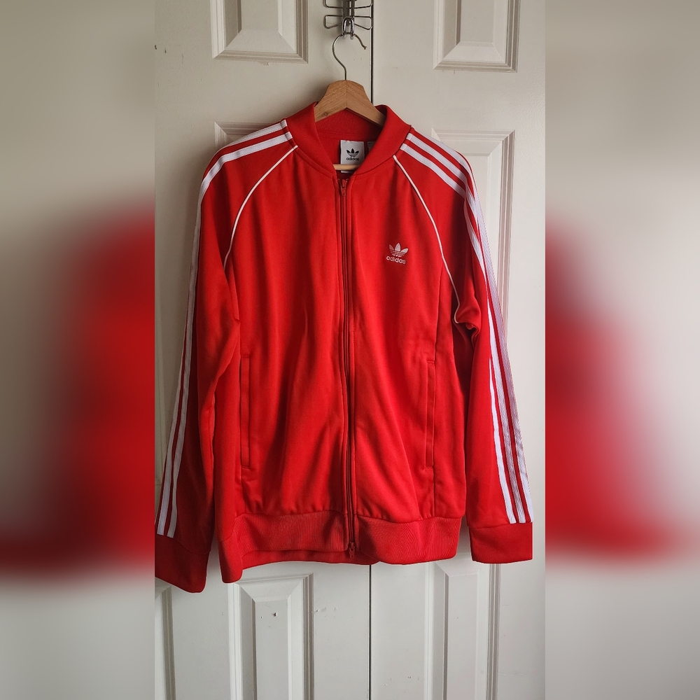 Adidas Red Lightweight Shirt Jacket with Signature Stripes XL